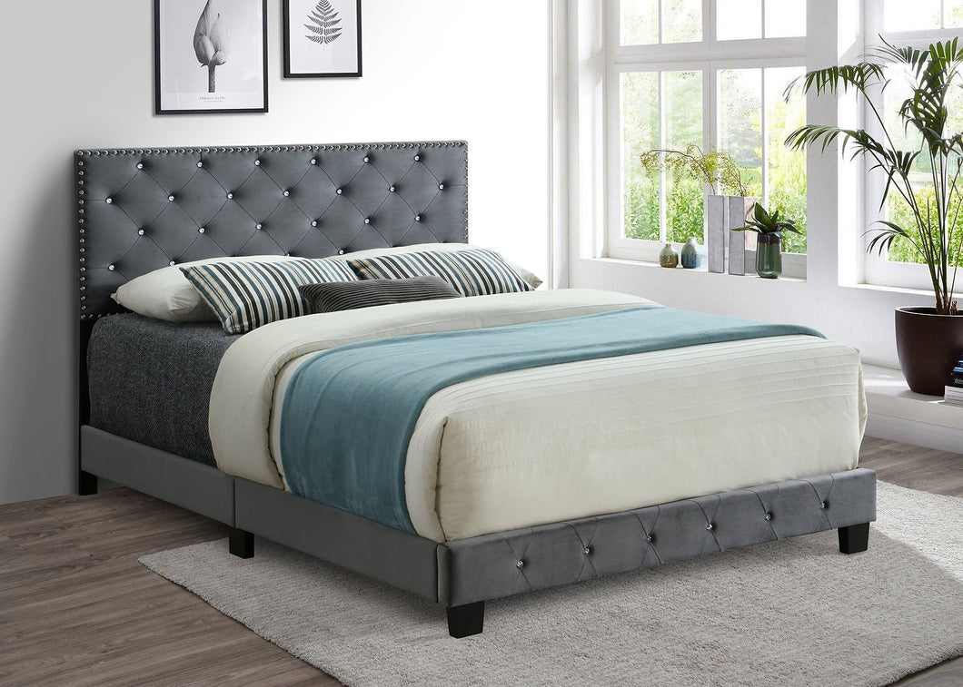 King Grey Velvet Bed Frame with Rhinestone button tufting 5650