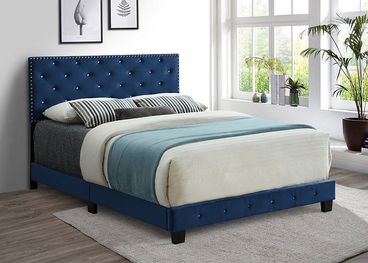 Queen Blue Velvet Platform Bed with Nailhead and Rhinestone button tufting 5652