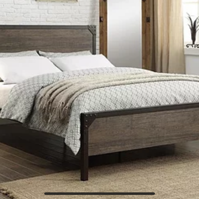 IF-5210 Queen Rustic Wood and Black Metal Platform Bed Frame