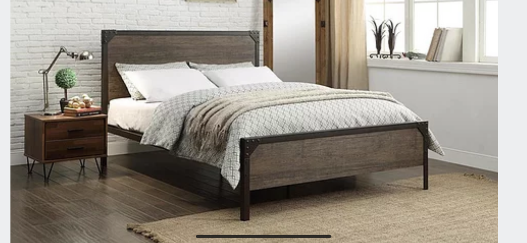 Rustic Wood and  Black Metal Queen Platform Bed Frame 5210