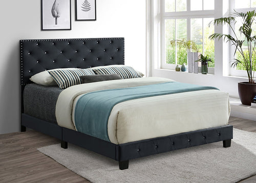 Double/full Black Velvet Platform Bed with Nailhead and Rhinestone button tufting 5651