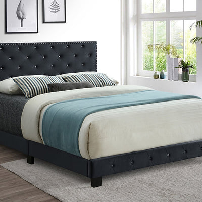 King Black Velvet Platform Bed with Nailhead and Rhinestone button tufting 5651