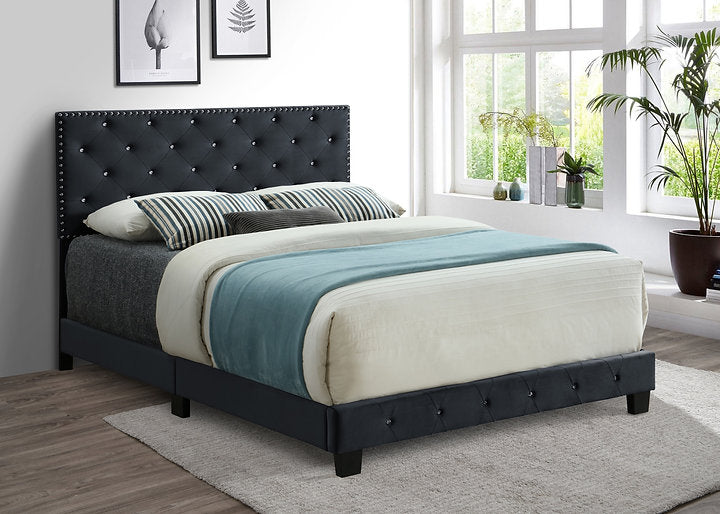 King Black Velvet Platform Bed with Nailhead and Rhinestone button tufting 5651