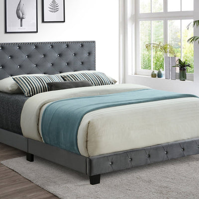 Queen Grey Velvet Platform Bed with Nailhead and Rhinestone button tufting 5650