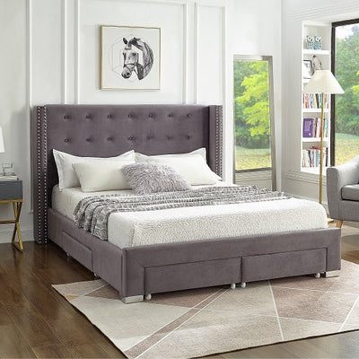 last one, Floor Model Queen Grey Velvet four drawer storage bed if5320