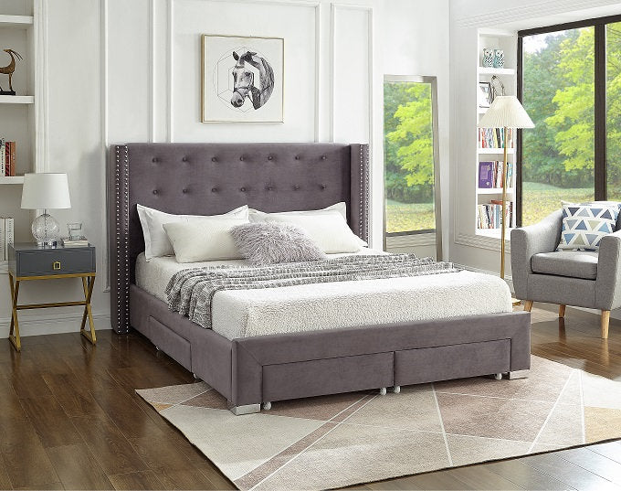 last one, Floor Model Queen Grey Velvet four drawer storage bed if5320