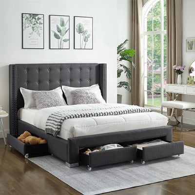 If-5327 Queen Charcoal Velvet Four Drawer Storage Bed